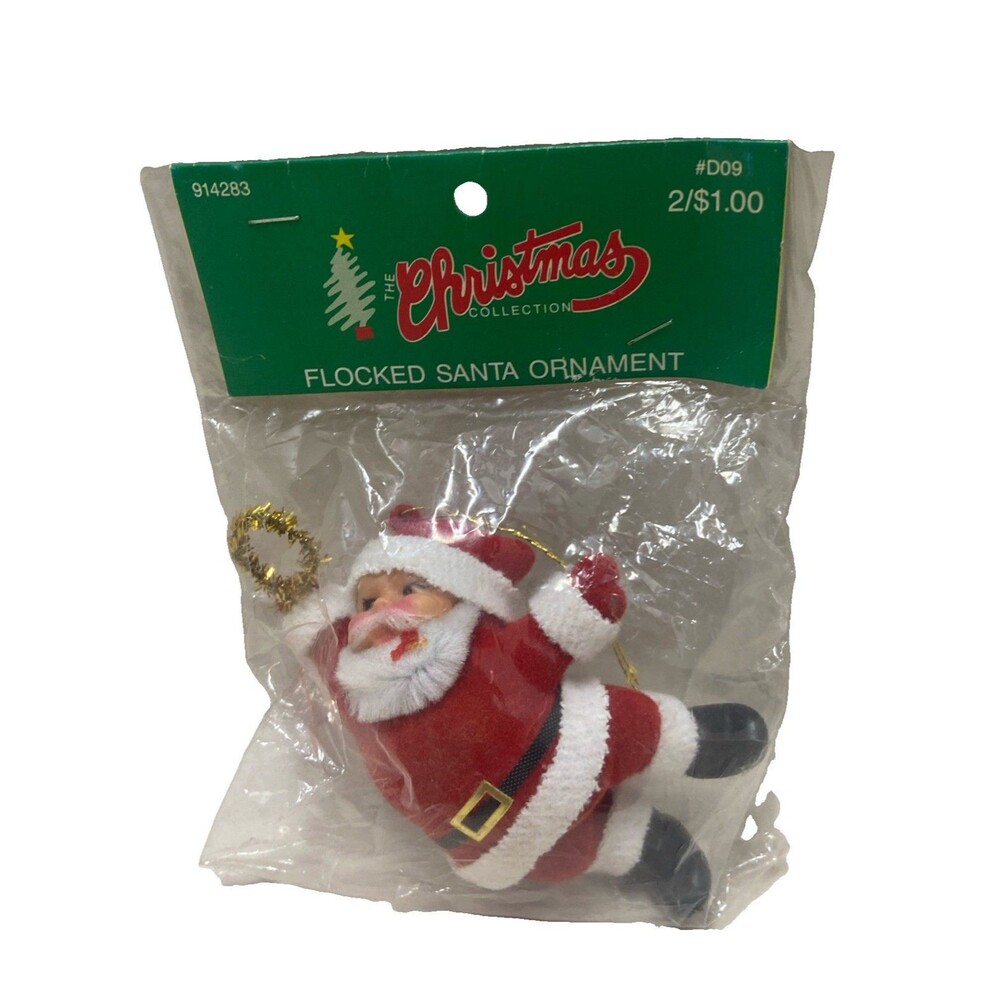 NIP Sealed Vintage Michaels Flocked Red and White Santa Claus Plastic 4 inch